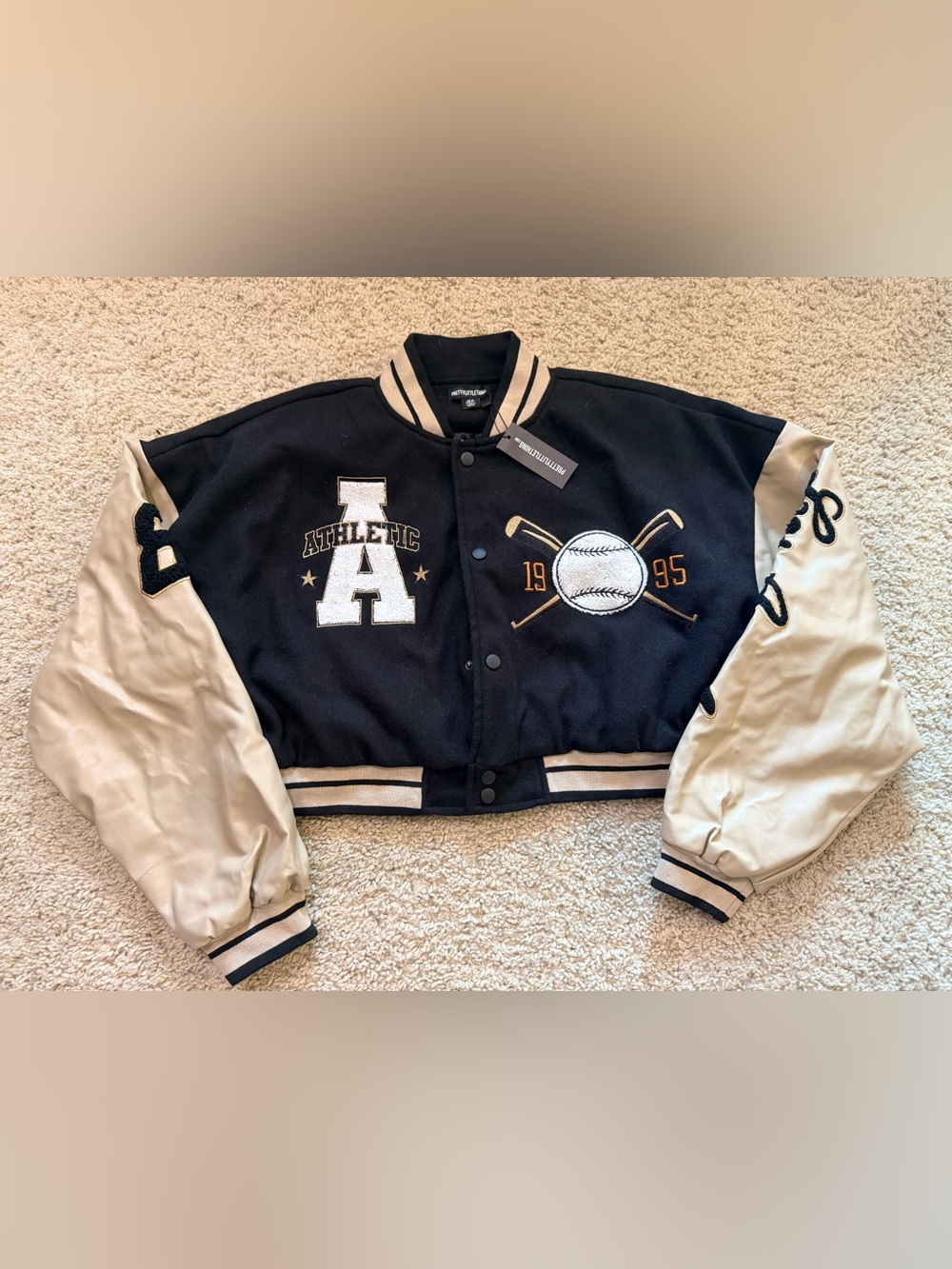 PrettyLittleThing Black Oatmeal Letterman Varsity Bomber Jacket Size 12
